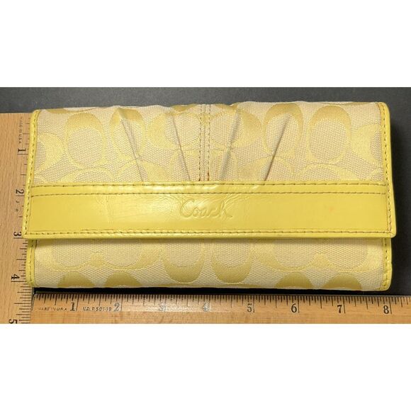 Coach Signature Yellow Canvas Leather Trim Credit Card Checkbook Trifold Wallet - Picture 6 of 9